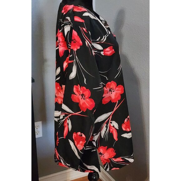 Trendy Looks Blouse 1X Red Black Floral Print Button Front Long Sleeve Shirt - Picture 3 of 7
